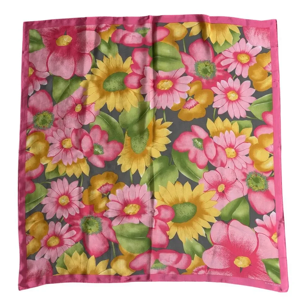 Colorful silk scarf by Elaine Gold vintage 80s large square peachy flower power